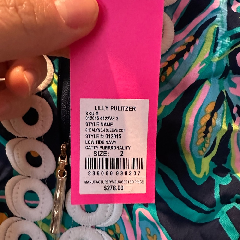 Lilly Pulitzer Shealyn Maxi Caftan in Low Tide Navy Catty Purrsonality - Picture 6 of 10